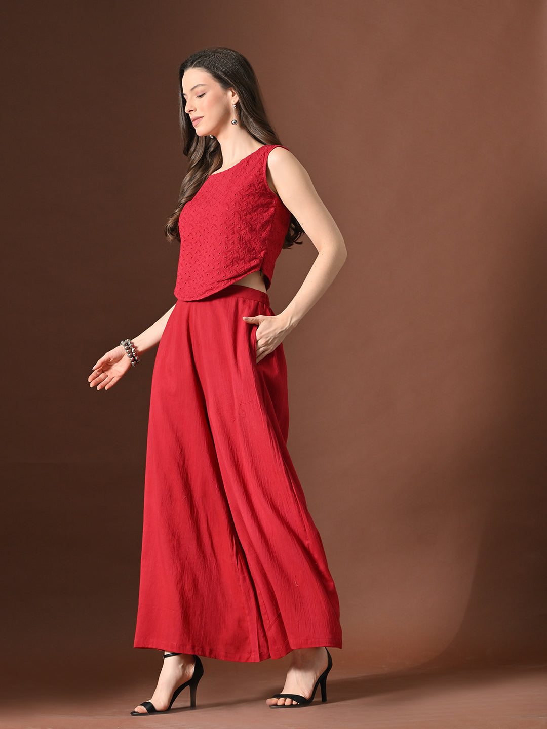 Myshka Women Red Pure Cotton Sleeveless Schiffli Top with Flared Trouser - Swadesiicart