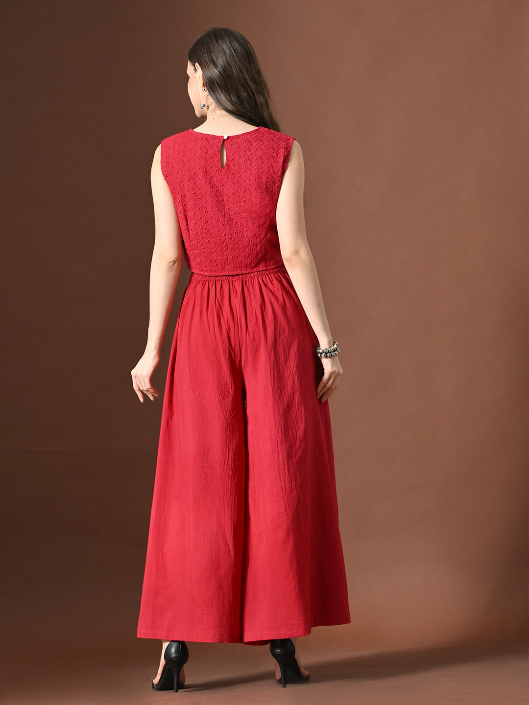 Myshka Women Red Pure Cotton Sleeveless Schiffli Top with Flared Trouser - Swadesiicart