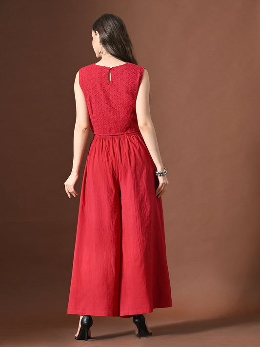 Myshka Women Red Pure Cotton Sleeveless Schiffli Top with Flared Trouser - Swadesiicart