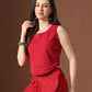 Myshka Women Red Pure Cotton Sleeveless Schiffli Top with Flared Trouser - Swadesiicart