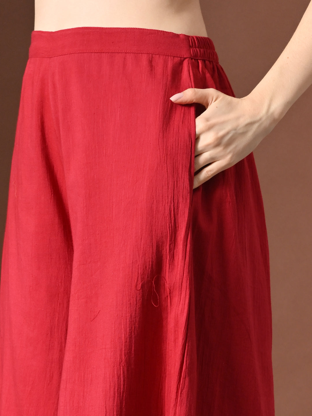 Myshka Women Red Pure Cotton Sleeveless Schiffli Top with Flared Trouser - Swadesiicart