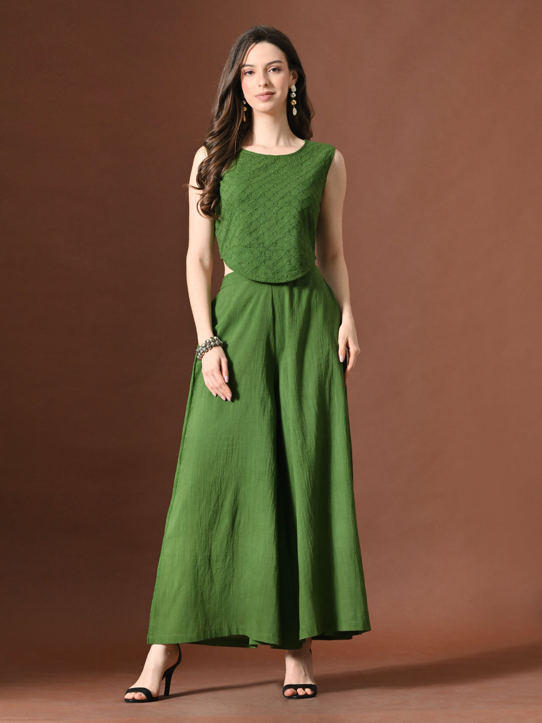 Myshka Women Green Pure Cotton Sleeveless Schiffli Top with Flared Trouser - Swadesiicart