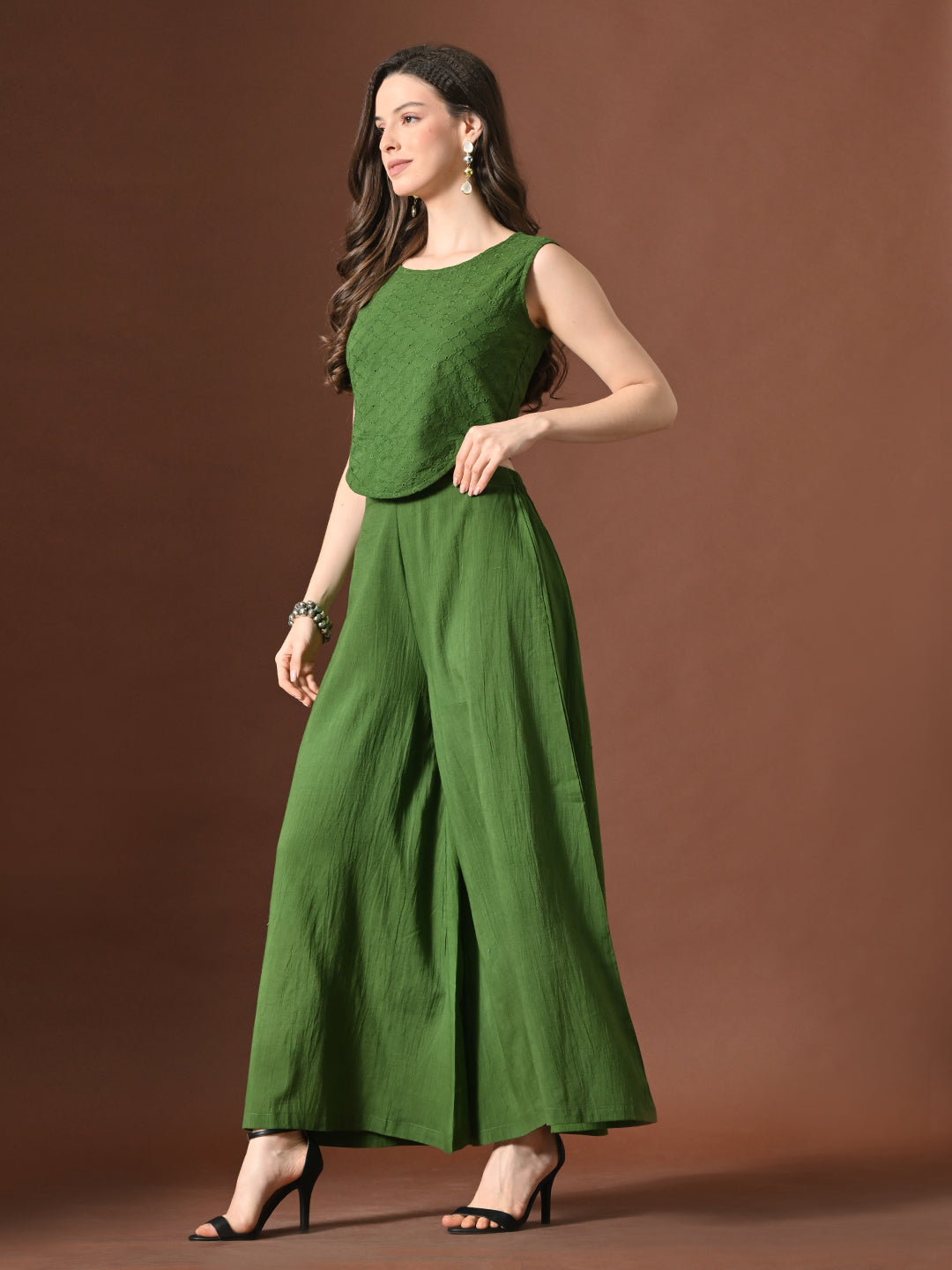Myshka Women Green Pure Cotton Sleeveless Schiffli Top with Flared Trouser - Swadesiicart