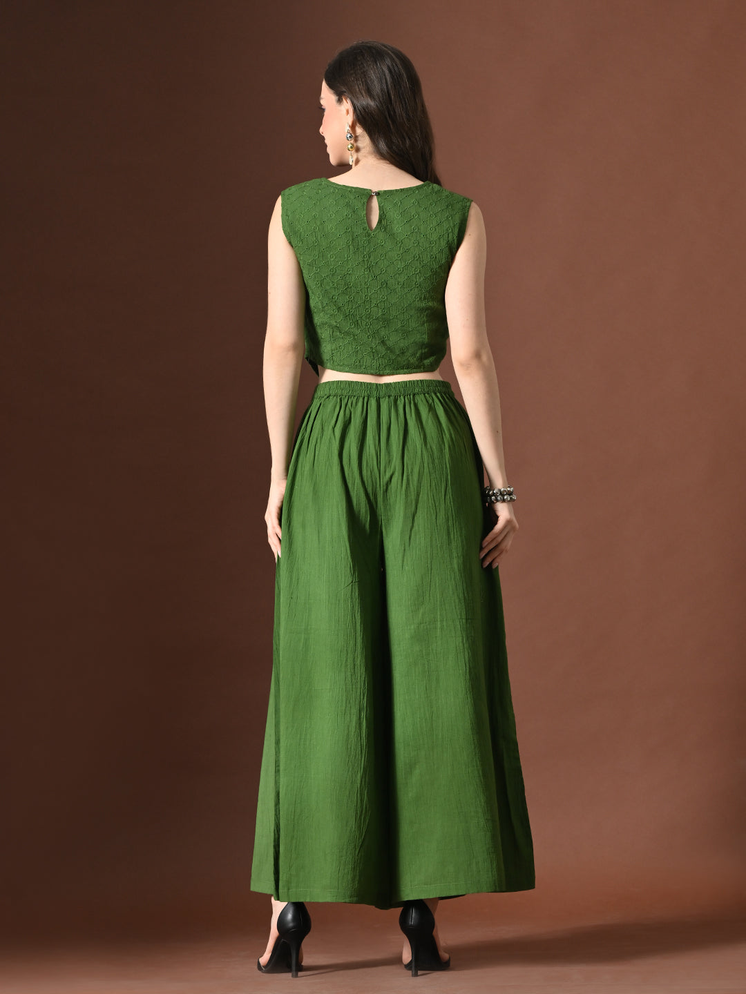 Myshka Women Green Pure Cotton Sleeveless Schiffli Top with Flared Trouser - Swadesiicart
