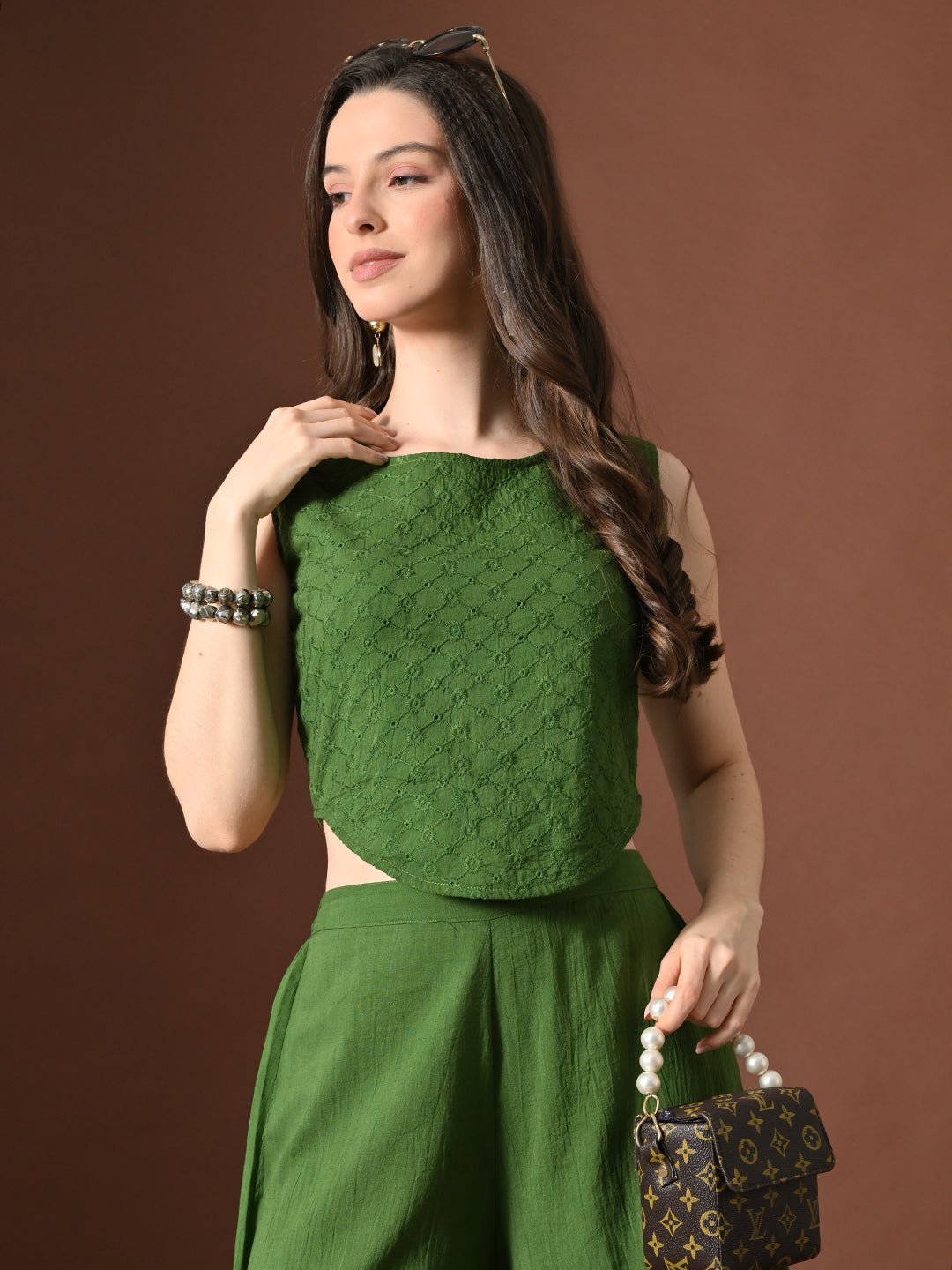 Myshka Women Green Pure Cotton Sleeveless Schiffli Top with Flared Trouser - Swadesiicart