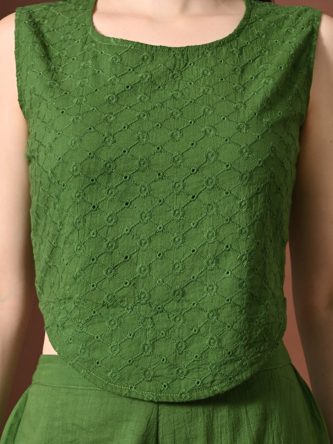 Myshka Women Green Pure Cotton Sleeveless Schiffli Top with Flared Trouser - Swadesiicart