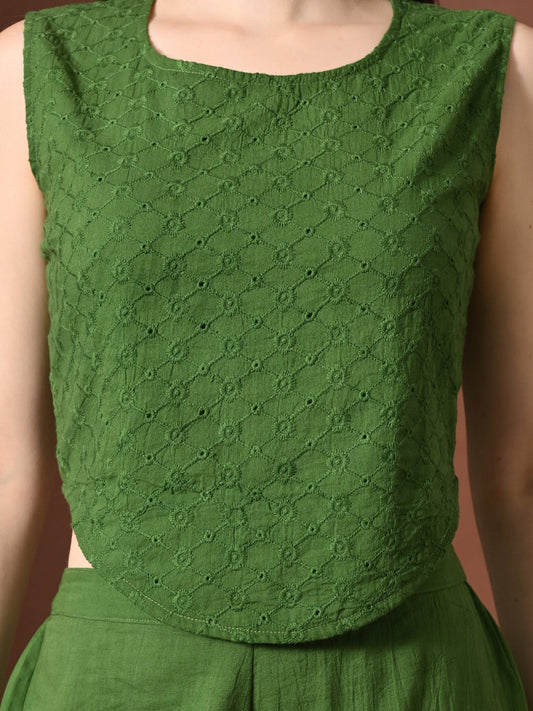 Myshka Women Green Pure Cotton Sleeveless Schiffli Top with Flared Trouser - Swadesiicart