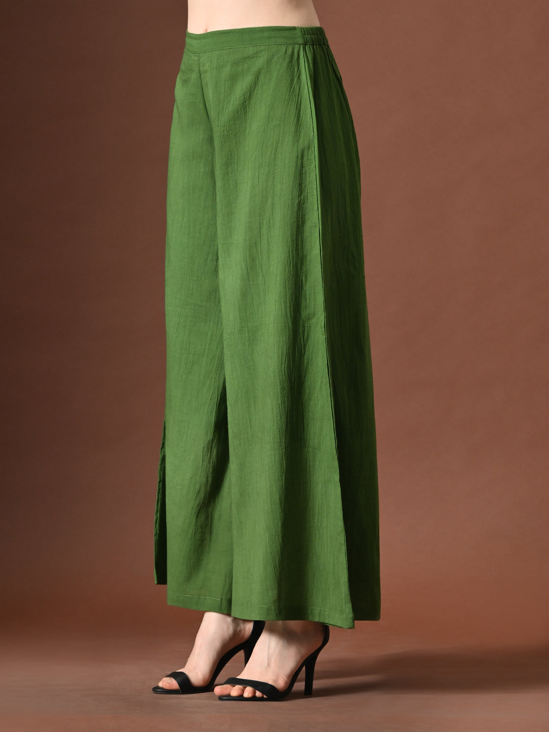 Myshka Women Green Pure Cotton Sleeveless Schiffli Top with Flared Trouser - Swadesiicart