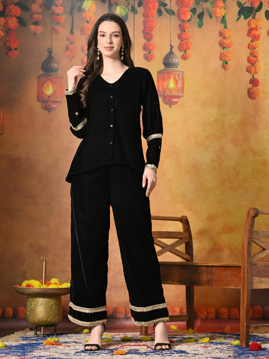 Myshka Women Black Velvet Shirt Embroidered Full Sleeves with Flared Trouser - Swadesiicart
