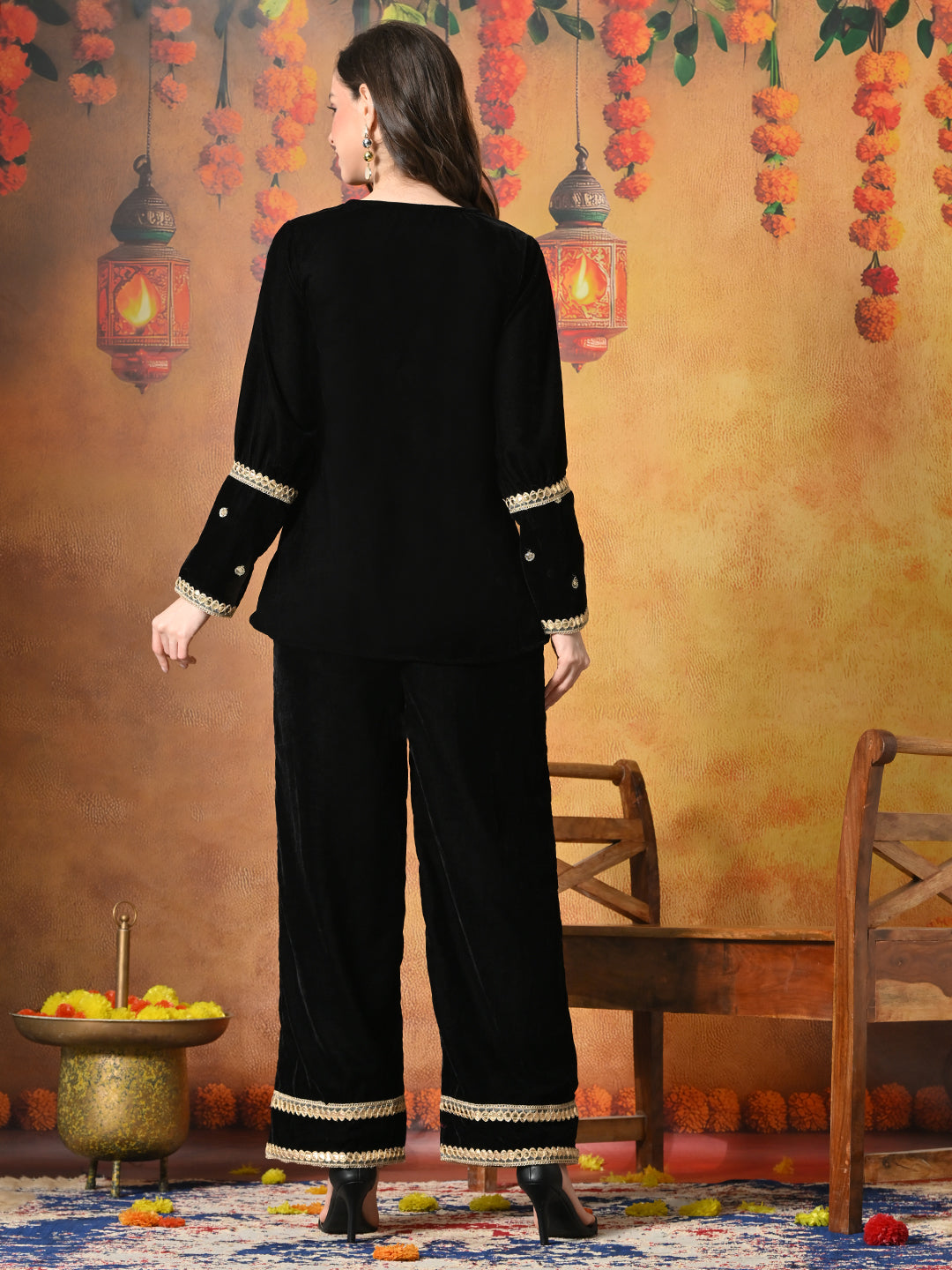 Myshka Women Black Velvet Shirt Embroidered Full Sleeves with Flared Trouser - Swadesiicart