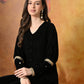 Myshka Women Black Velvet Shirt Embroidered Full Sleeves with Flared Trouser - Swadesiicart