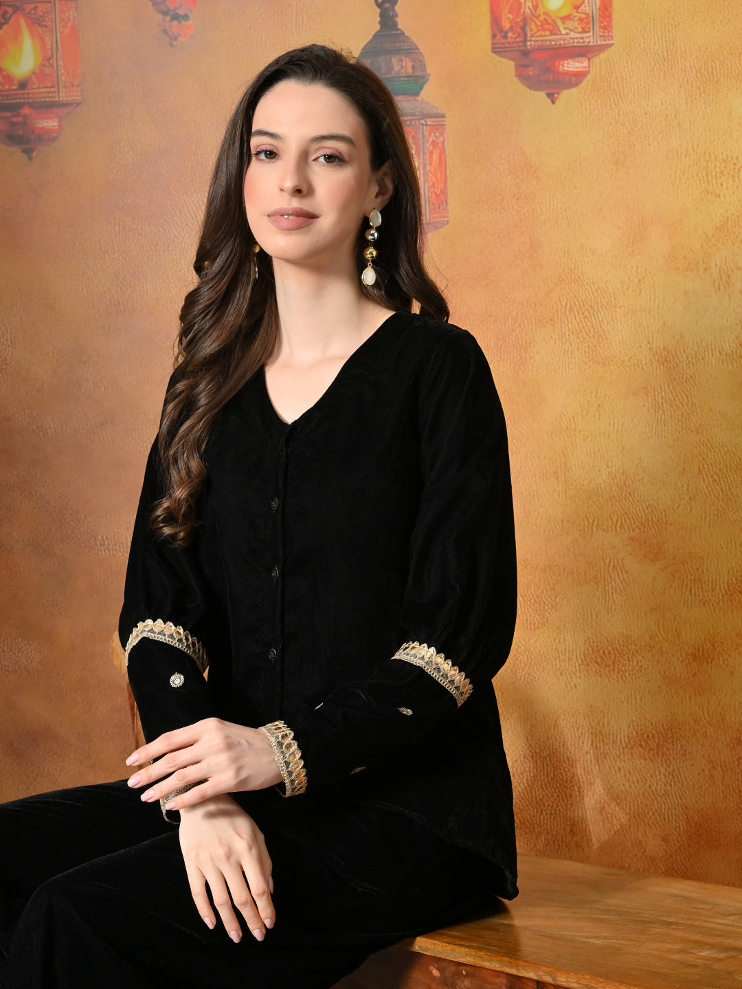 Myshka Women Black Velvet Shirt Embroidered Full Sleeves with Flared Trouser - Swadesiicart