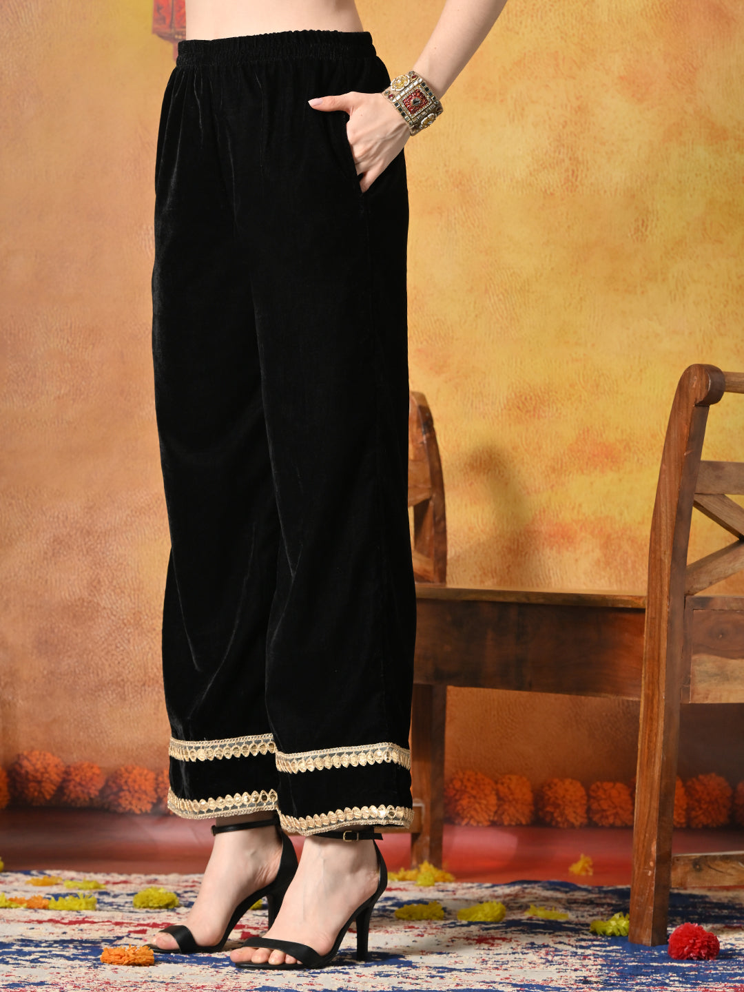 Myshka Women Black Velvet Shirt Embroidered Full Sleeves with Flared Trouser - Swadesiicart