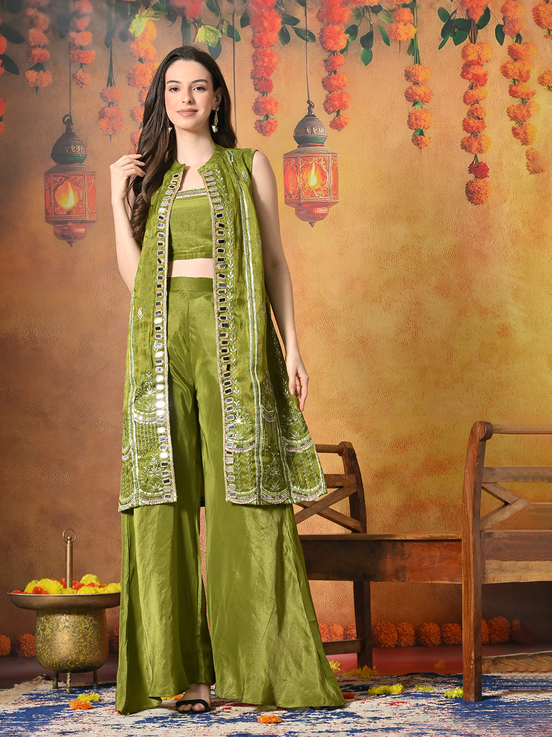 Myshka Women Green Viscose Strap Crop Top Sleeveless Jacket with Flared Trouser - Swadesiicart
