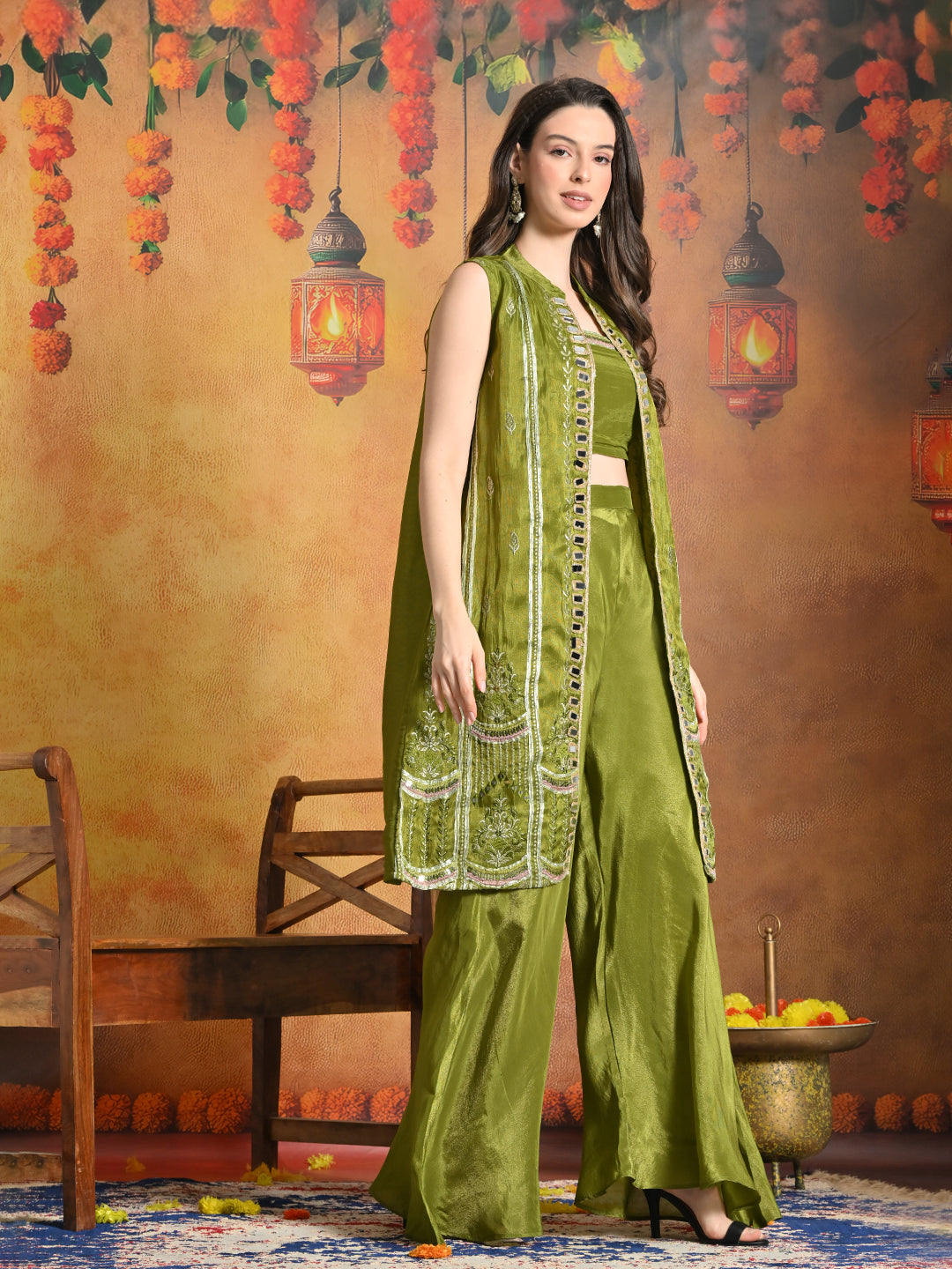 Myshka Women Green Viscose Strap Crop Top Sleeveless Jacket with Flared Trouser - Swadesiicart
