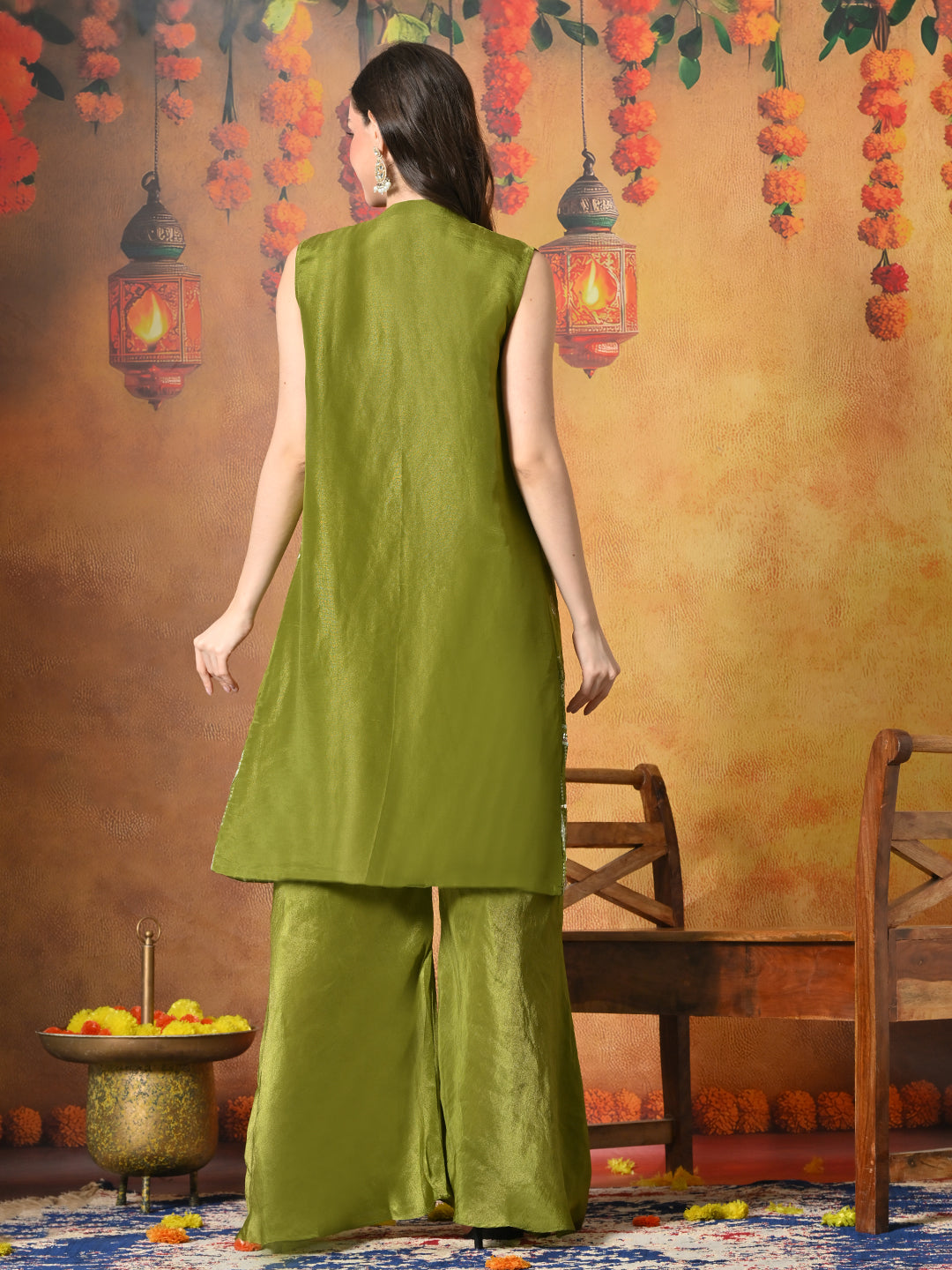 Myshka Women Green Viscose Strap Crop Top Sleeveless Jacket with Flared Trouser - Swadesiicart