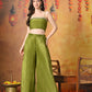 Myshka Women Green Viscose Strap Crop Top Sleeveless Jacket with Flared Trouser - Swadesiicart
