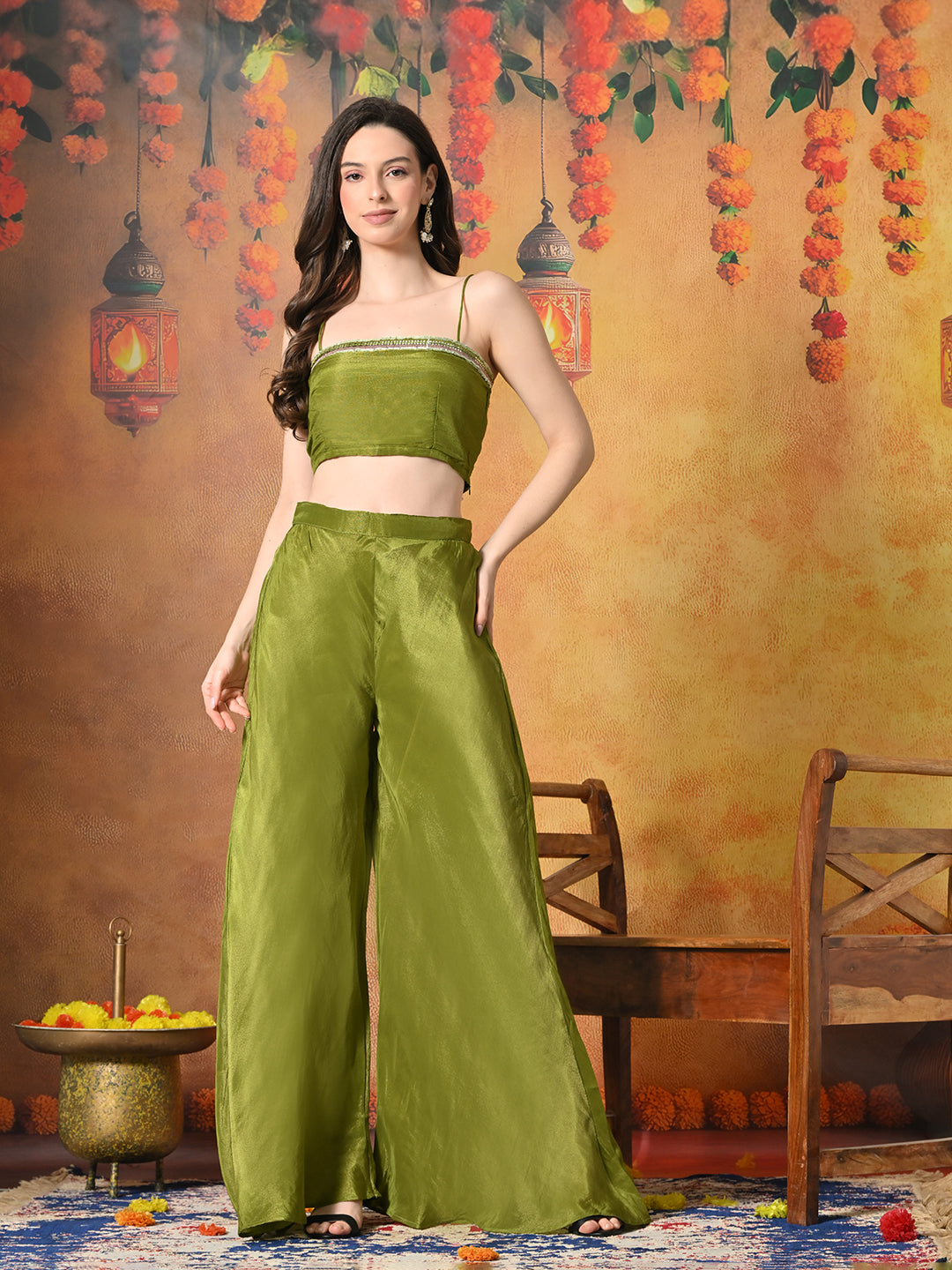 Myshka Women Green Viscose Strap Crop Top Sleeveless Jacket with Flared Trouser - Swadesiicart