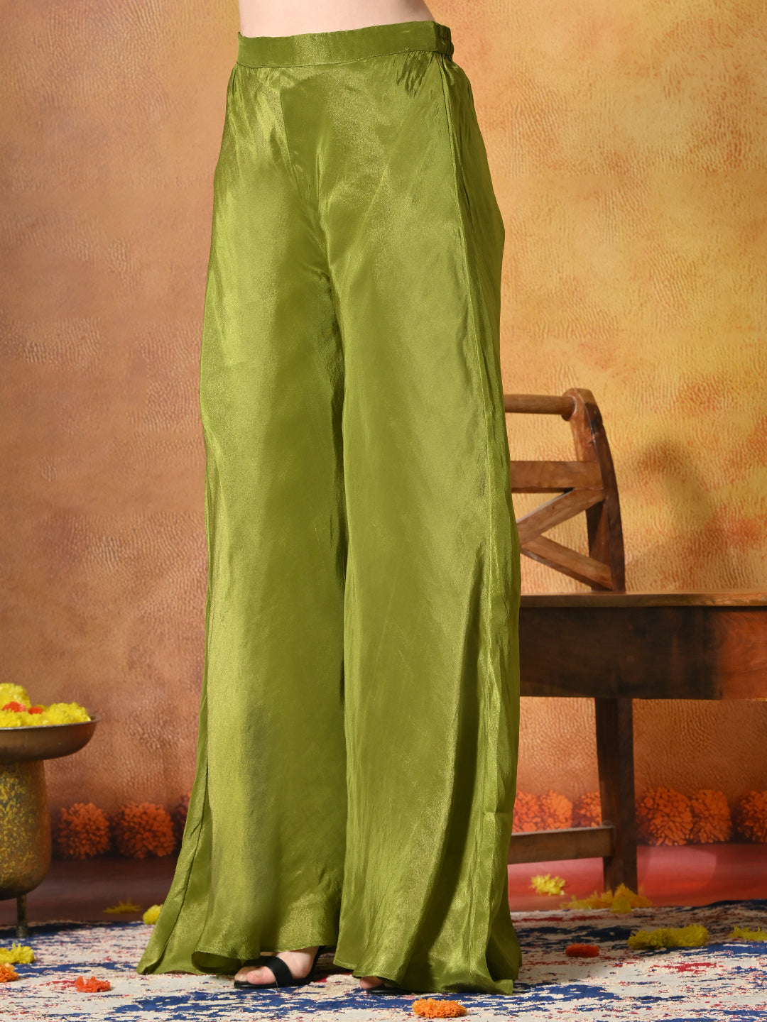Myshka Women Green Viscose Strap Crop Top Sleeveless Jacket with Flared Trouser - Swadesiicart