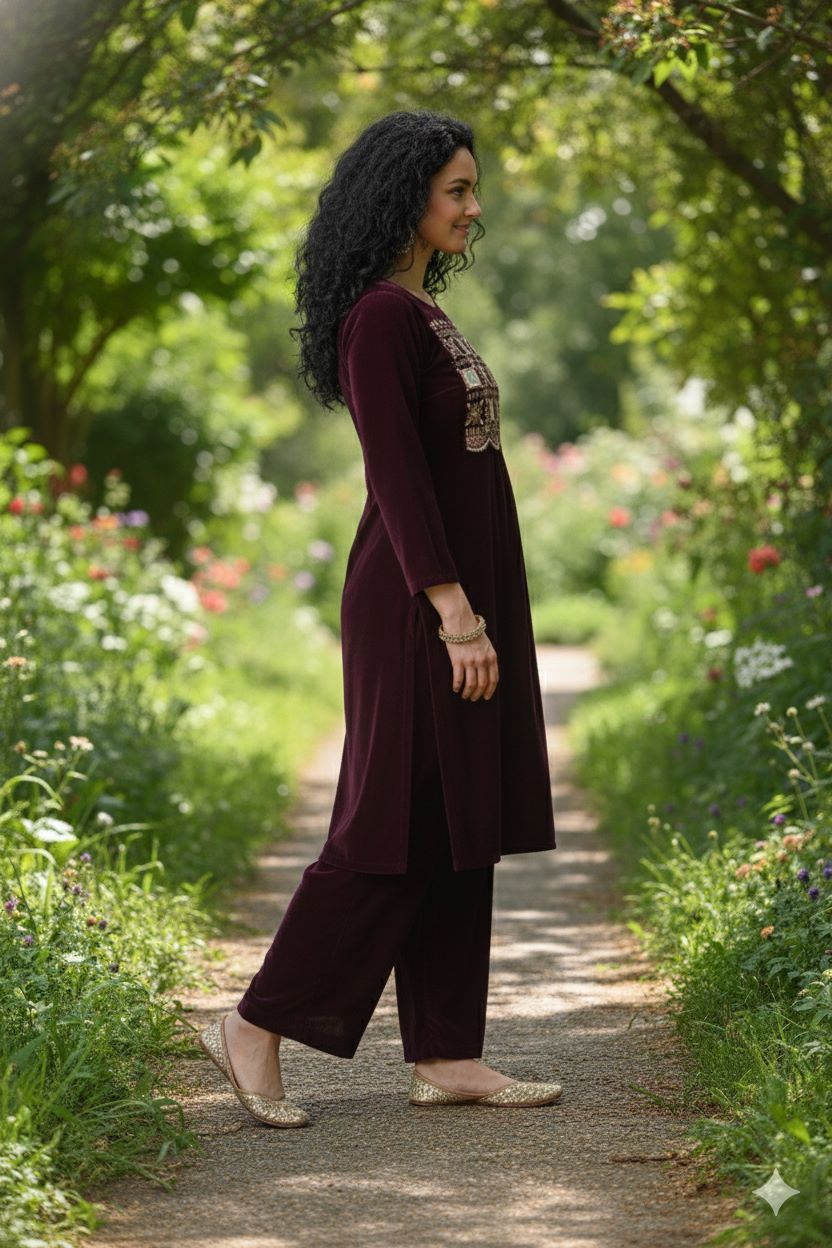 Myshka Women Wine Velvet Embroidered Full Sleeve Kurta With Trouser - Swadesiicart