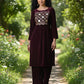 Myshka Women Wine Velvet Embroidered Full Sleeve Kurta With Trouser - Swadesiicart