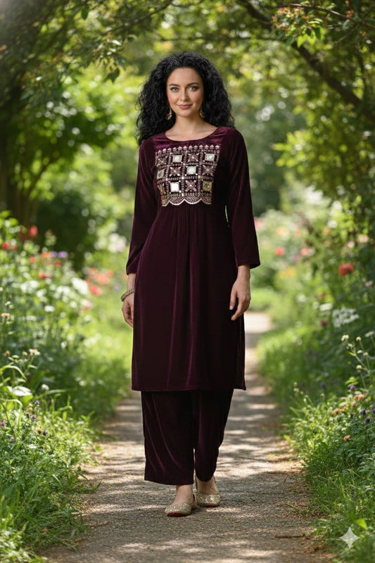 Myshka Women Wine Velvet Embroidered Full Sleeve Kurta With Trouser - Swadesiicart