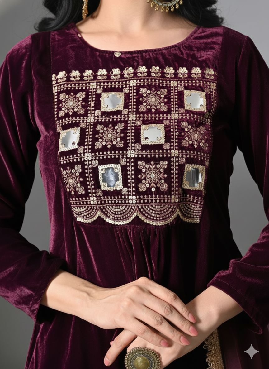 Myshka Women Wine Velvet Embroidered Full Sleeve Kurta With Trouser - Swadesiicart