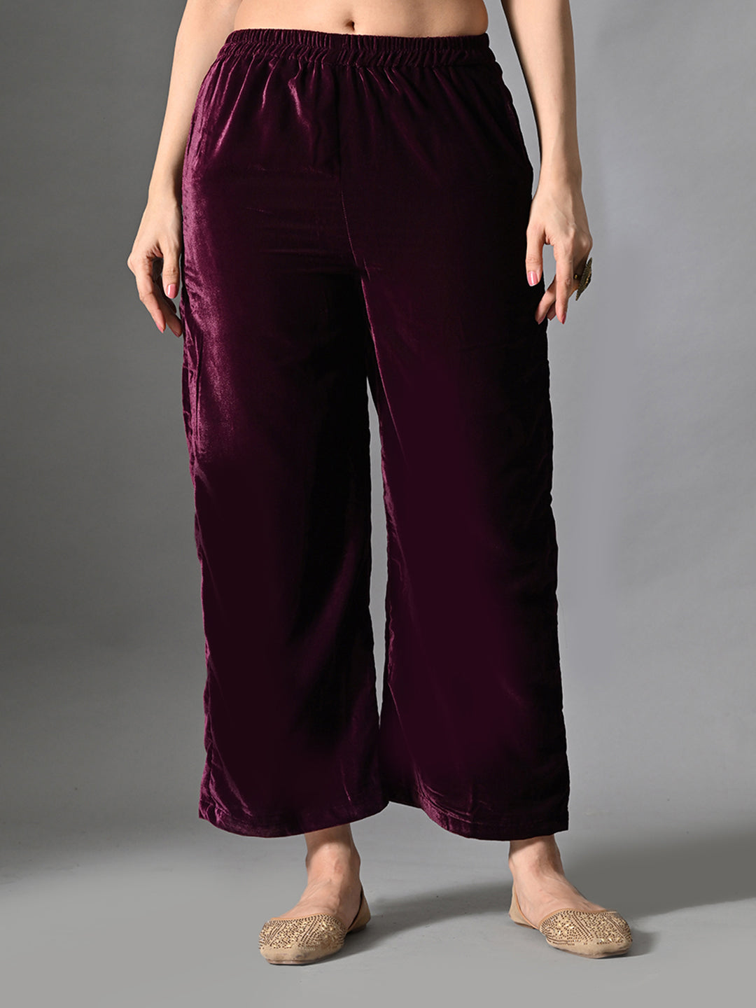Myshka Women Wine Velvet Embroidered Full Sleeve Kurta With Trouser - Swadesiicart