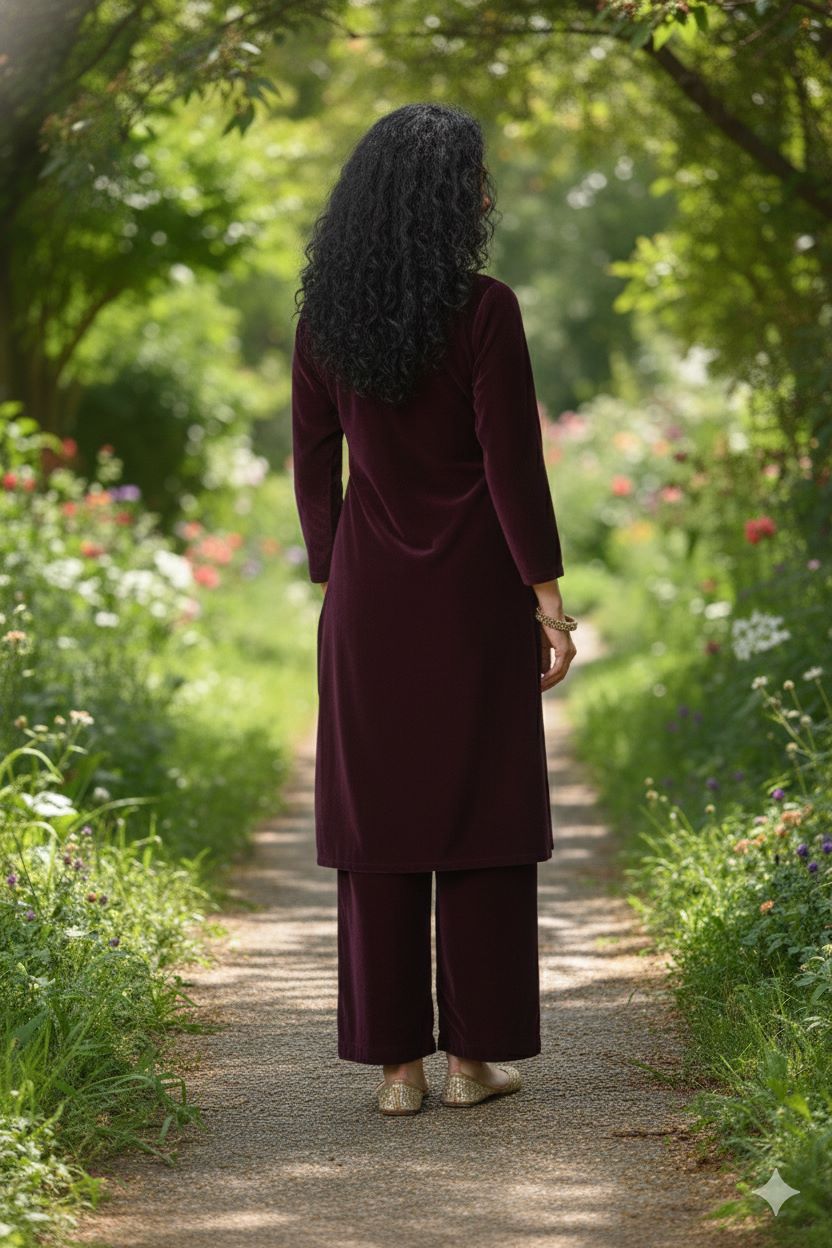 Myshka Women Wine Velvet Embroidered Full Sleeve Kurta With Trouser - Swadesiicart