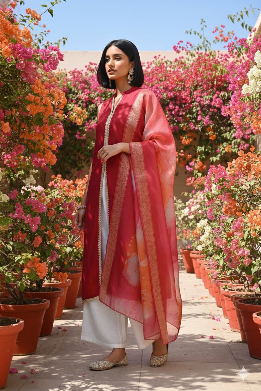 Myshka Women Red Sleeveless Kurta, White Palazzo with Printed Organza Dupatta - Swadesiicart