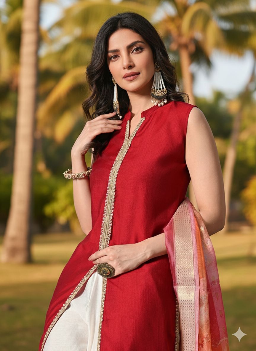 Myshka Women Red Sleeveless Kurta, White Palazzo with Printed Organza Dupatta - Swadesiicart