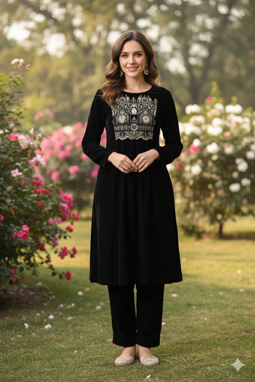 Myshka Women Black Velvet Embroidered Full Sleeve Kurta With Trouser - Swadesiicart