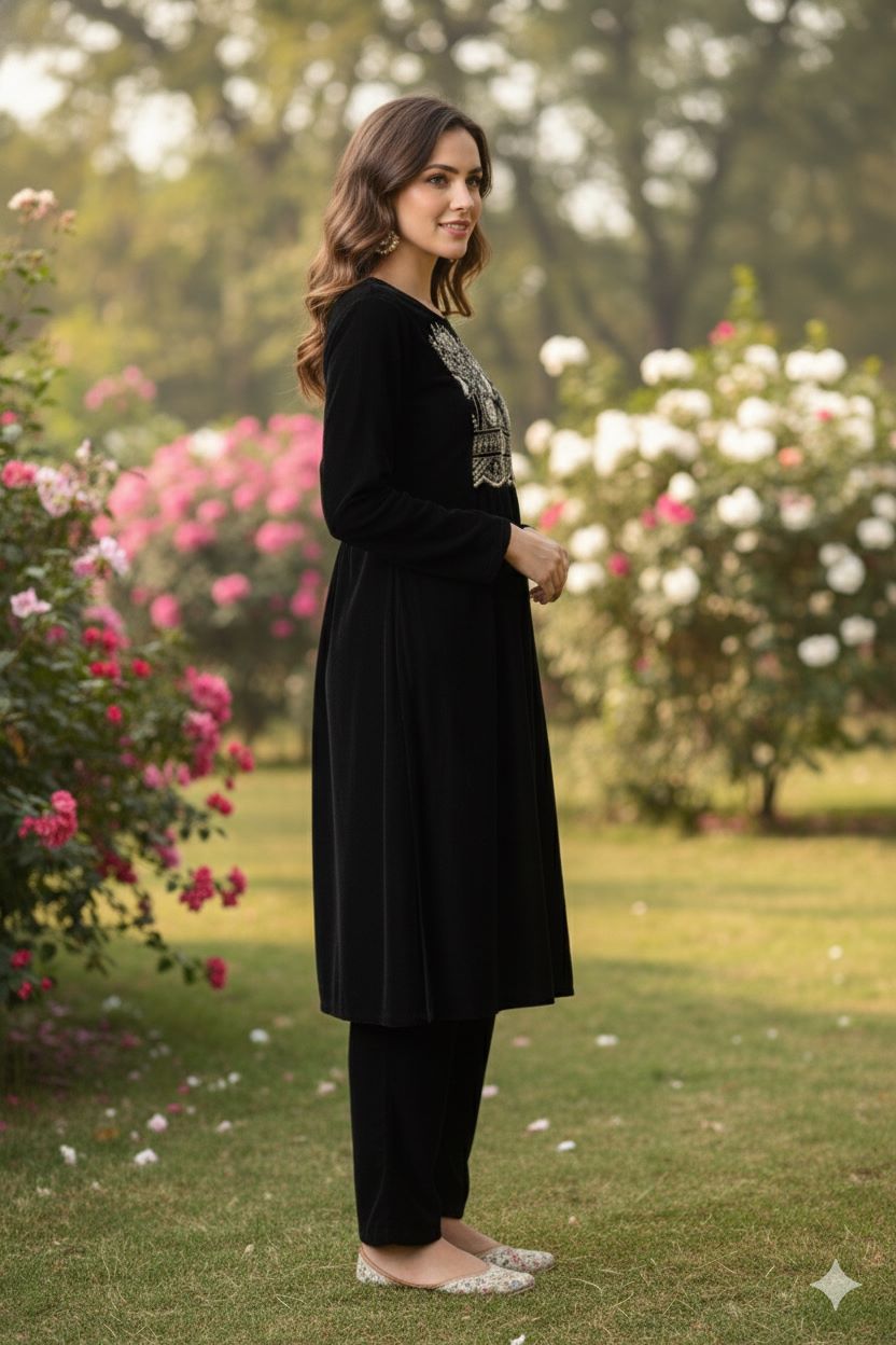 Myshka Women Black Velvet Embroidered Full Sleeve Kurta With Trouser - Swadesiicart