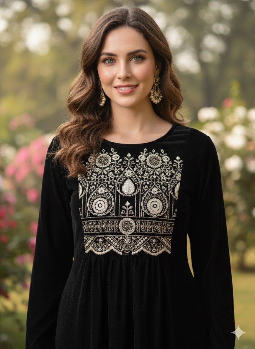 Myshka Women Black Velvet Embroidered Full Sleeve Kurta With Trouser - Swadesiicart