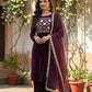 Myshka Women Wine Velvet Embroidered Full Sleeve Kurta Set with Organza Dupatta - Swadesiicart