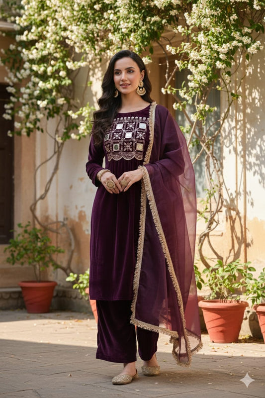 Myshka Women Wine Velvet Embroidered Full Sleeve Kurta Set with Organza Dupatta - Swadesiicart