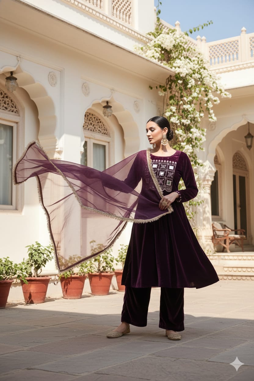 Myshka Women Wine Velvet Embroidered Full Sleeve Kurta Set with Organza Dupatta - Swadesiicart