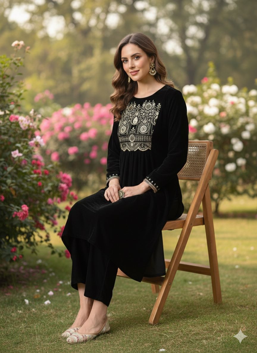 Myshka Women Black Velvet Embroidered Full Sleeve Kurta With Trouser - Swadesiicart