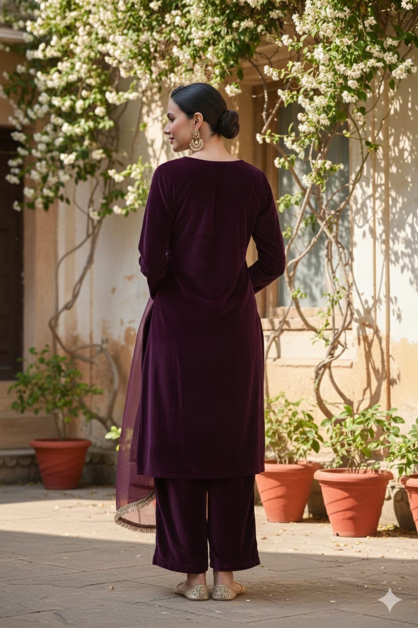 Myshka Women Wine Velvet Embroidered Full Sleeve Kurta Set with Organza Dupatta - Swadesiicart
