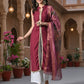 Myshka Women Wine Sleeveless Kurta, White Palazzo with Printed Organza Dupatta - Swadesiicart