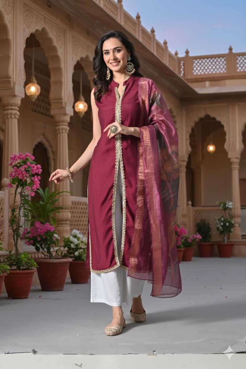 Myshka Women Wine Sleeveless Kurta, White Palazzo with Printed Organza Dupatta - Swadesiicart