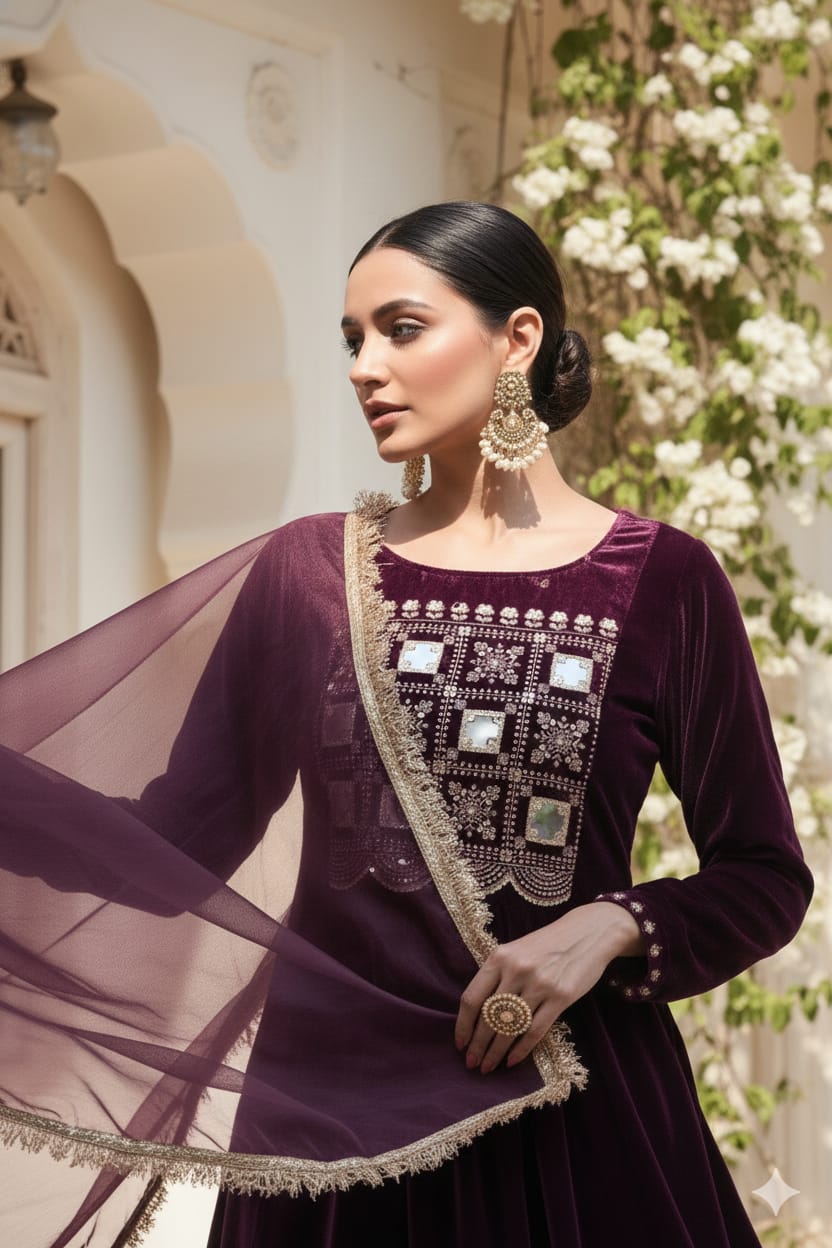 Myshka Women Wine Velvet Embroidered Full Sleeve Kurta Set with Organza Dupatta - Swadesiicart