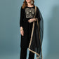 Myshka Women Black Velvet Embroidered Full Sleeve Kurta Set with Organza Dupatta - Swadesiicart