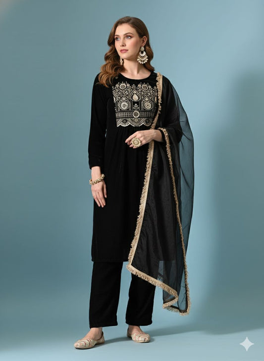 Myshka Women Black Velvet Embroidered Full Sleeve Kurta Set with Organza Dupatta - Swadesiicart