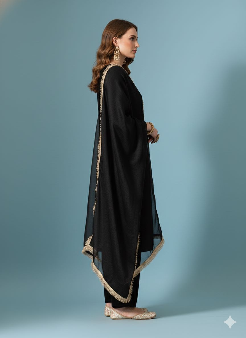 Myshka Women Black Velvet Embroidered Full Sleeve Kurta Set with Organza Dupatta - Swadesiicart