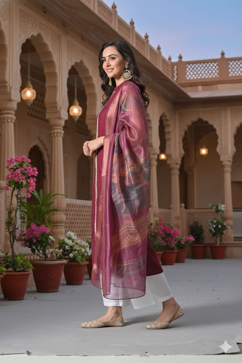 Myshka Women Wine Sleeveless Kurta, White Palazzo with Printed Organza Dupatta - Swadesiicart