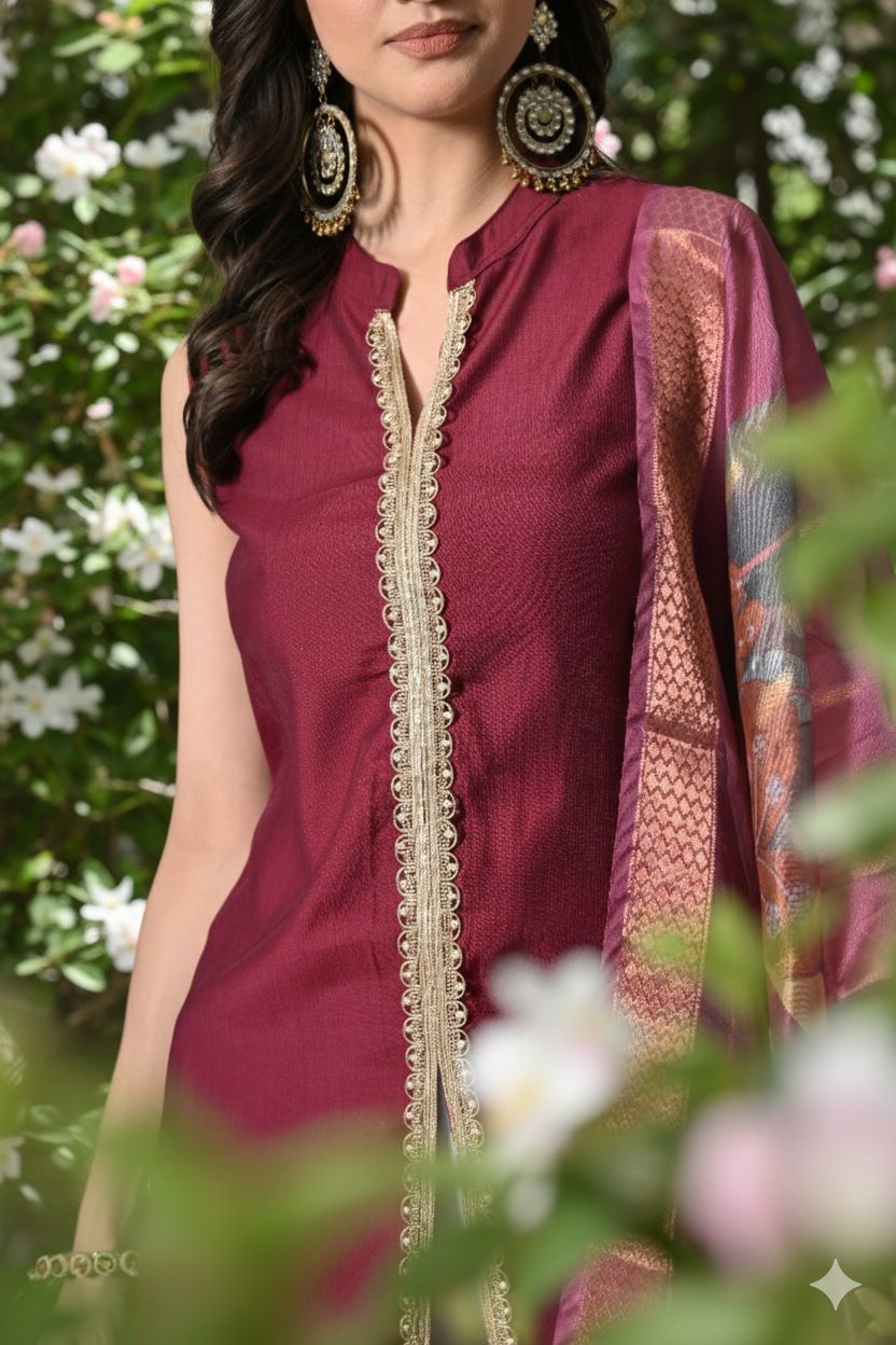 Myshka Women Wine Sleeveless Kurta, White Palazzo with Printed Organza Dupatta - Swadesiicart