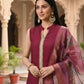 Myshka Women Wine Sleeveless Kurta, White Palazzo with Printed Organza Dupatta - Swadesiicart