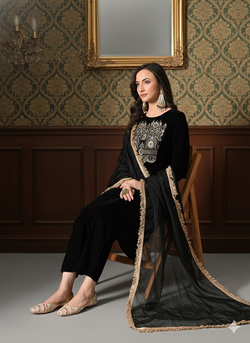 Myshka Women Black Velvet Embroidered Full Sleeve Kurta Set with Organza Dupatta - Swadesiicart