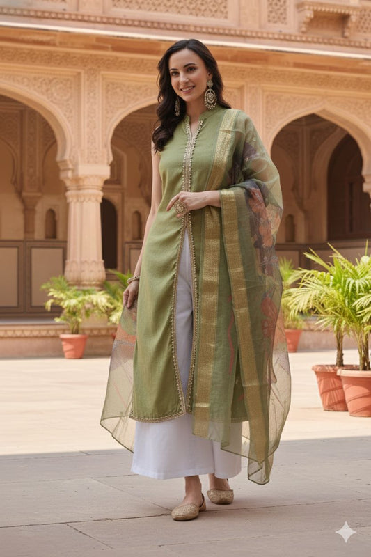 Myshka Women Green Sleeveless Kurta, White Palazzo with Printed Organza Dupatta - Swadesiicart